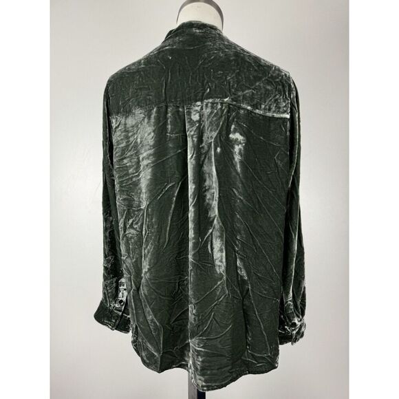 Eileen Fisher Green Size Petite Large Velvet Crinkle Front Button Top Silk Blend - Picture 3 of 5
